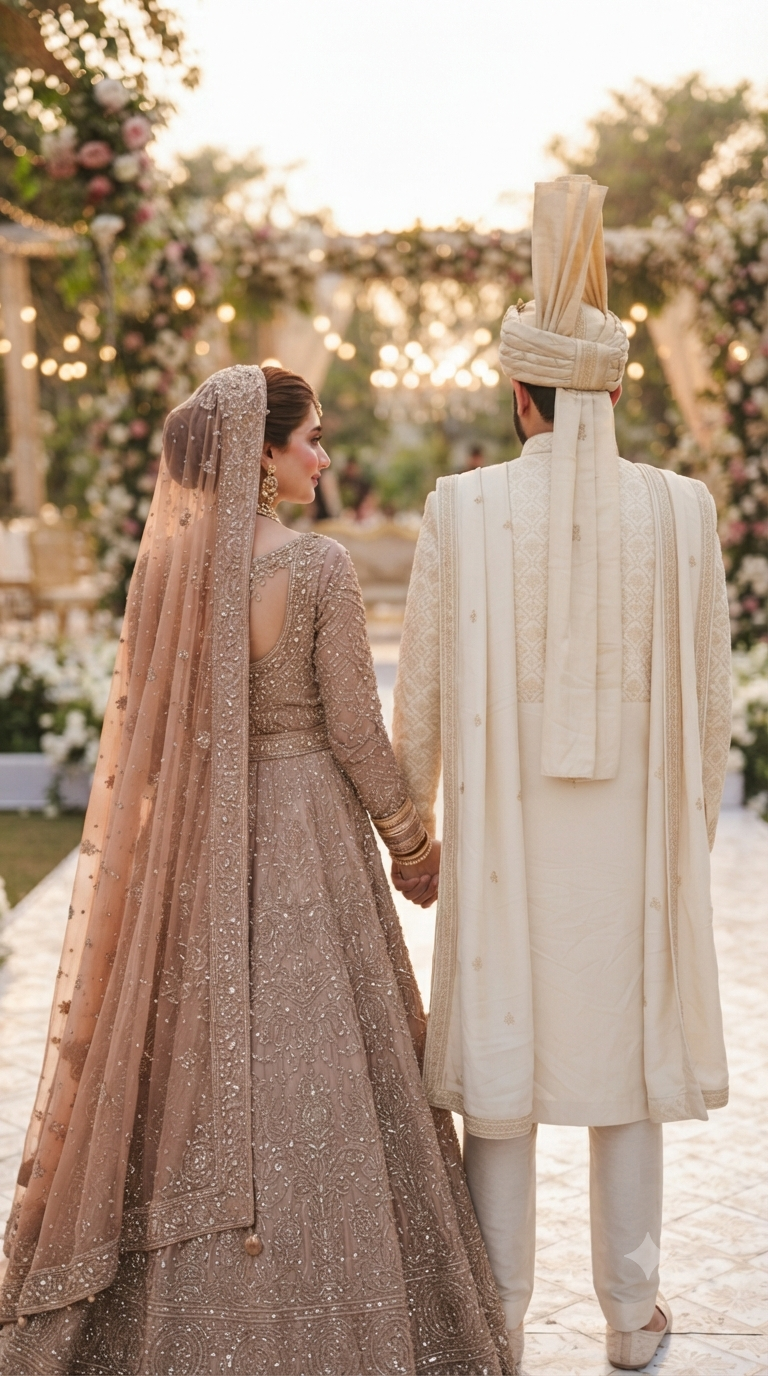 Ahmad and Aatifa walking hand in hand down the floral aisle