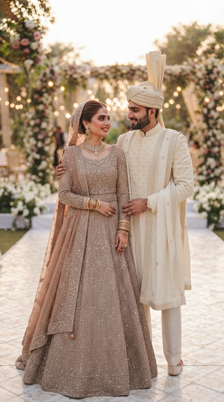 Full portrait of Ahmad and Aatifa in their wedding attire